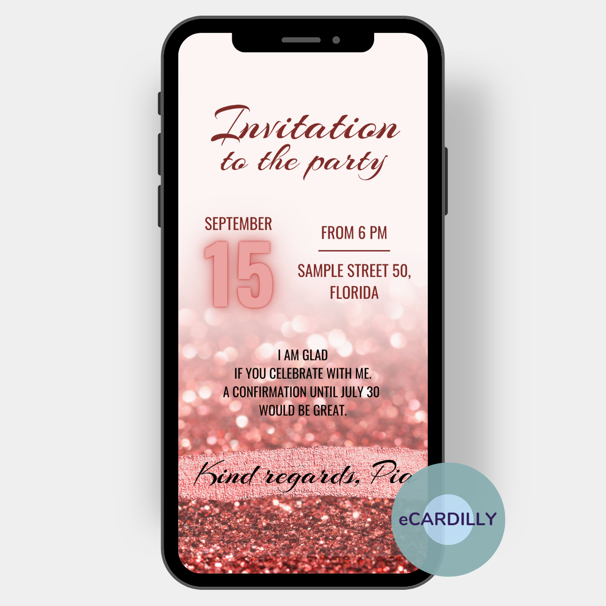 Invitation card with glitter shine sequins in red invite to birthday party. Send invitation card as digital invitation with smartphone.