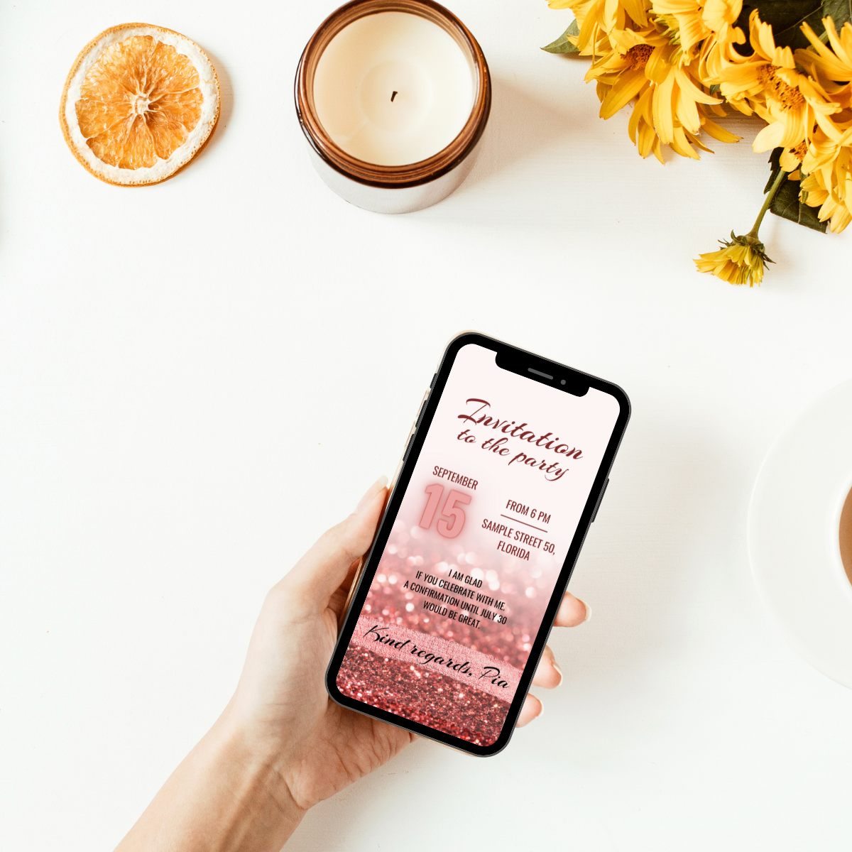 eCard easy to send by WhatsApp - great invitation card in red with glitter