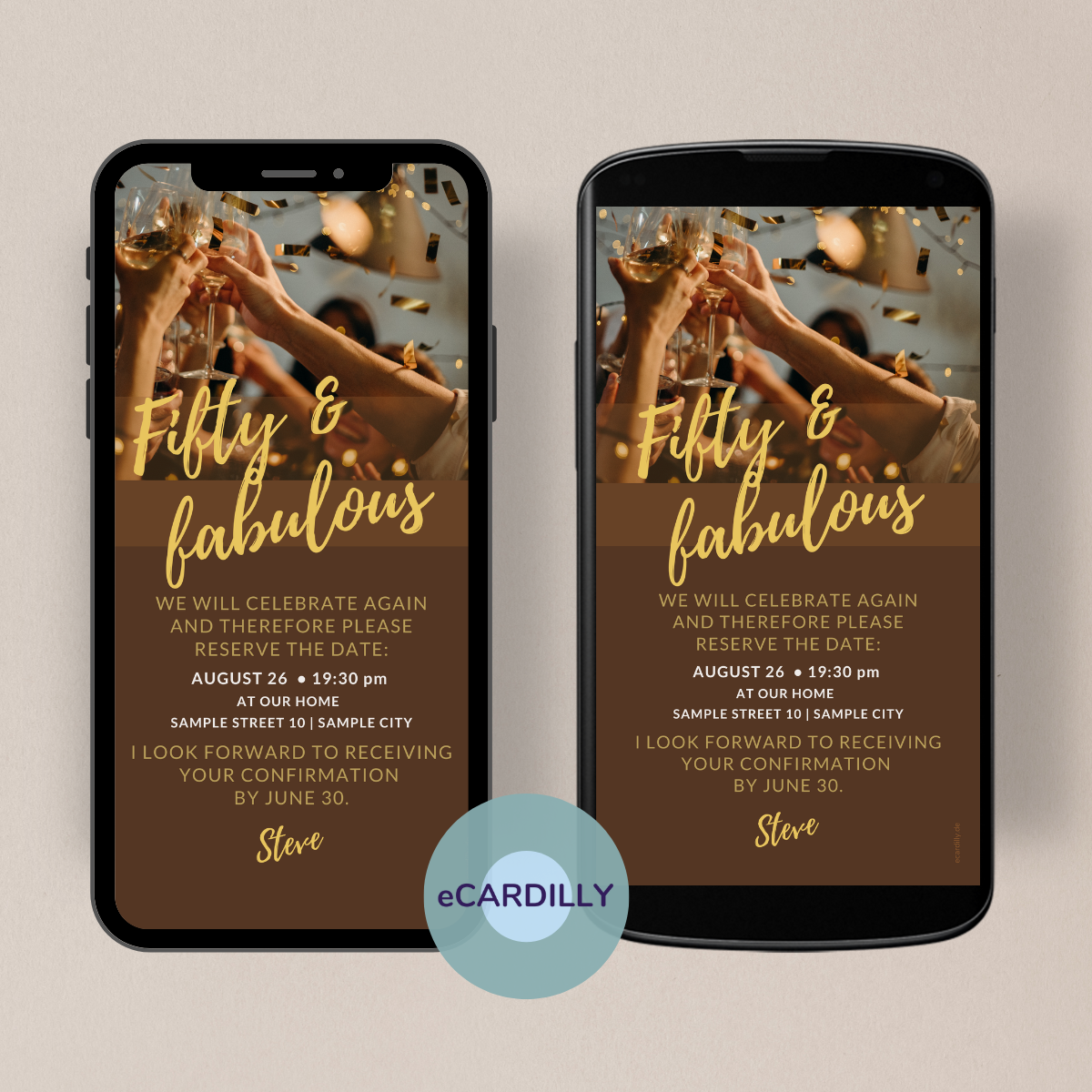 simple and easy - send invitation by WhatsApp - 50th birthday - great eCard in brown and gold -