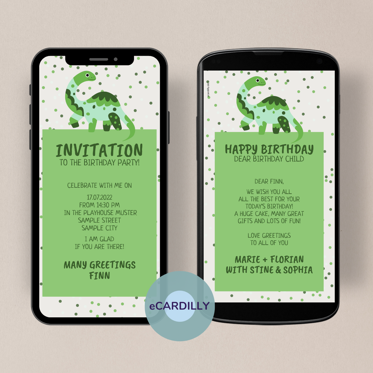 eCard for children's birthday - invitation to the thing-strong party - time travel - many shades of green - invitation to the children's birthday party