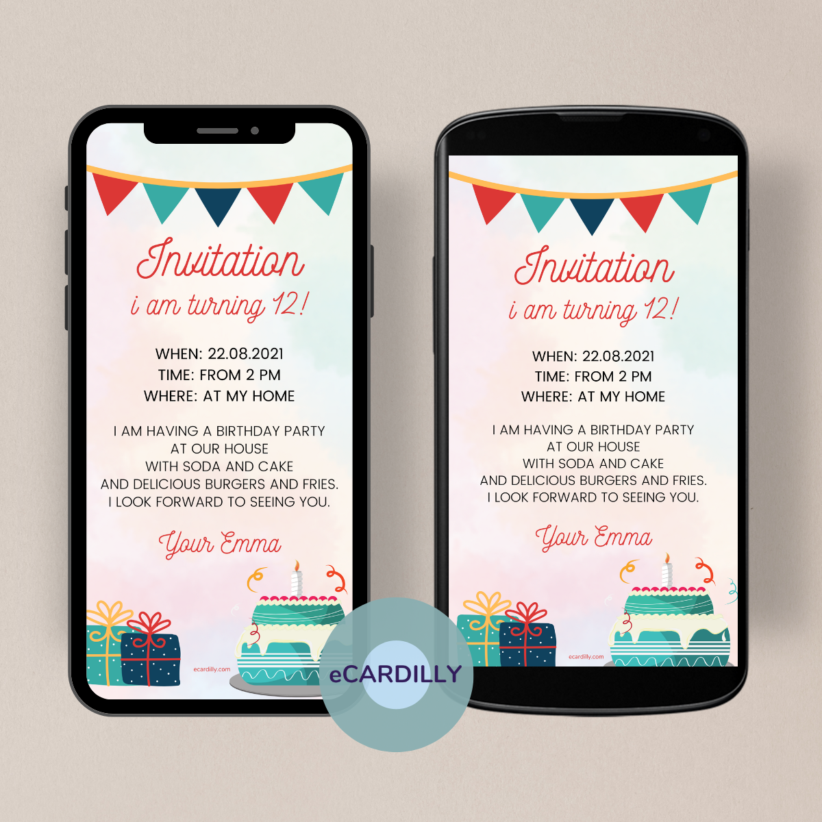 ecard for children's birthday. Large cake with gifts and pennant chain. Dominating colors are red, blue green and pink. Ecard for birthday. Candle on the cake.