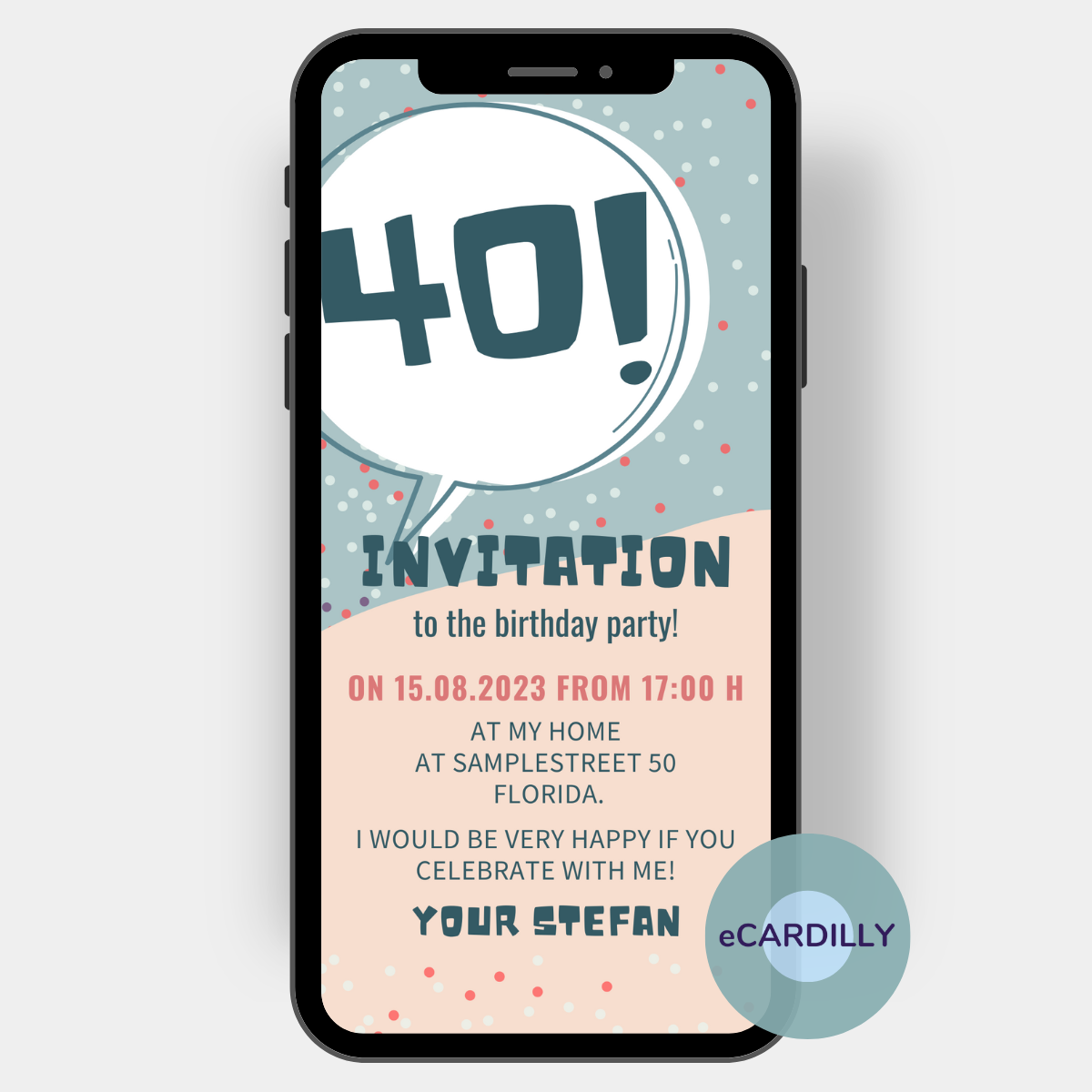 Invitation with number and confetti in turquoise pink