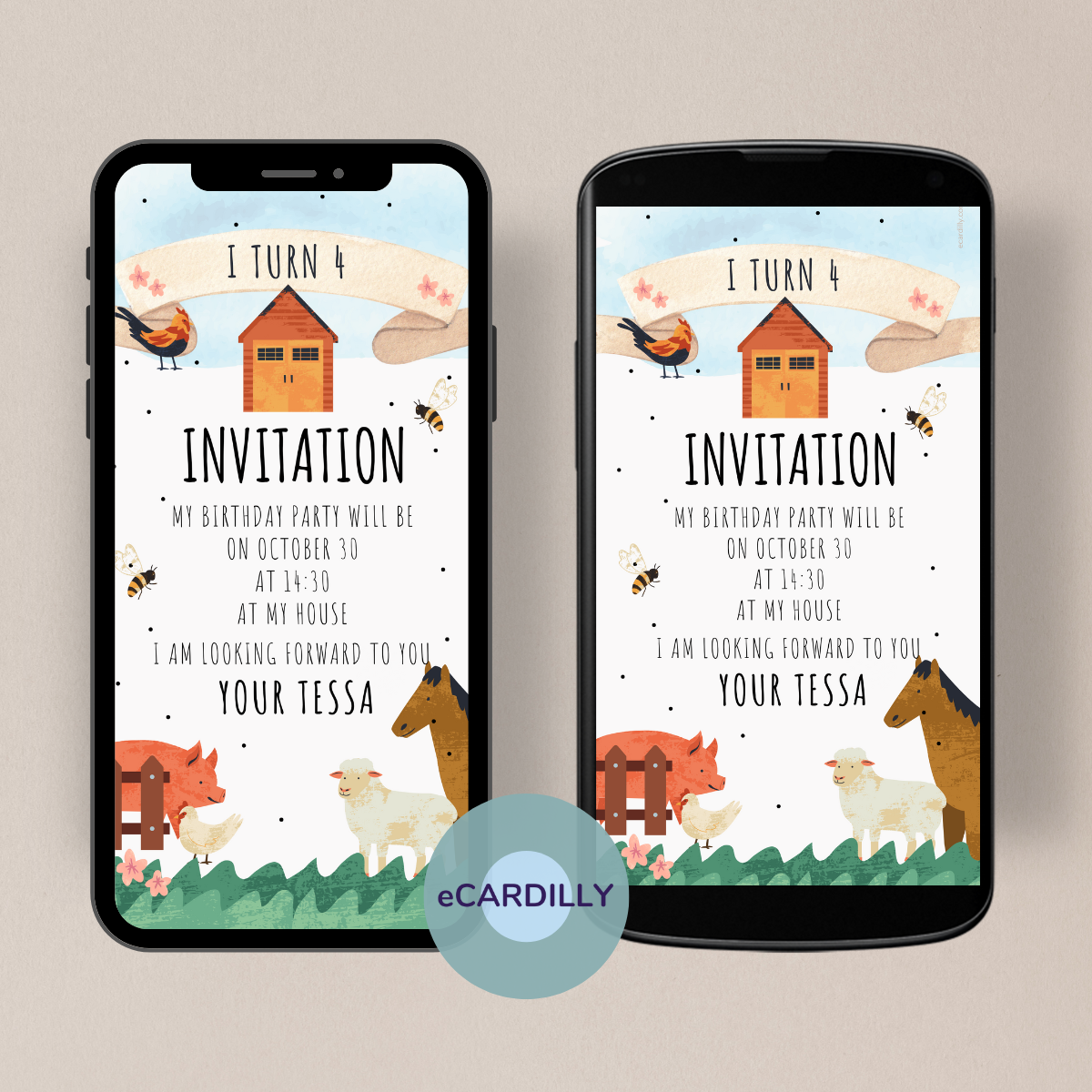 Invitation card children's birthday. Farm with animals. Friendly children invitation. Horse, pig, sheep and chicken to see.