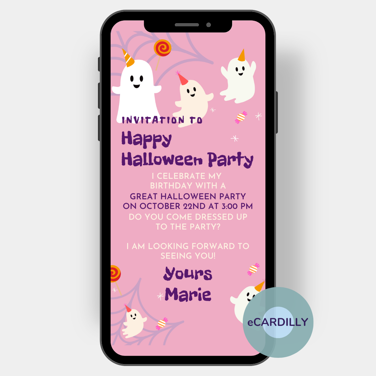 Girls birthday and Halloween party planned? Then this invitation with cute ghosts and candy on a delicate purple background is just right for you!