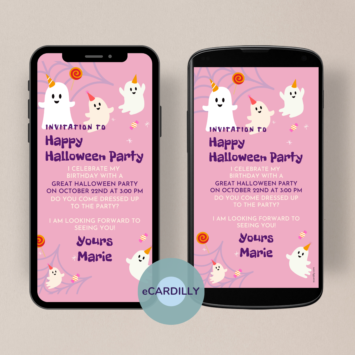 ecard for Halloween theme party - children's birthday - ghosts - candy - Happy Halloween