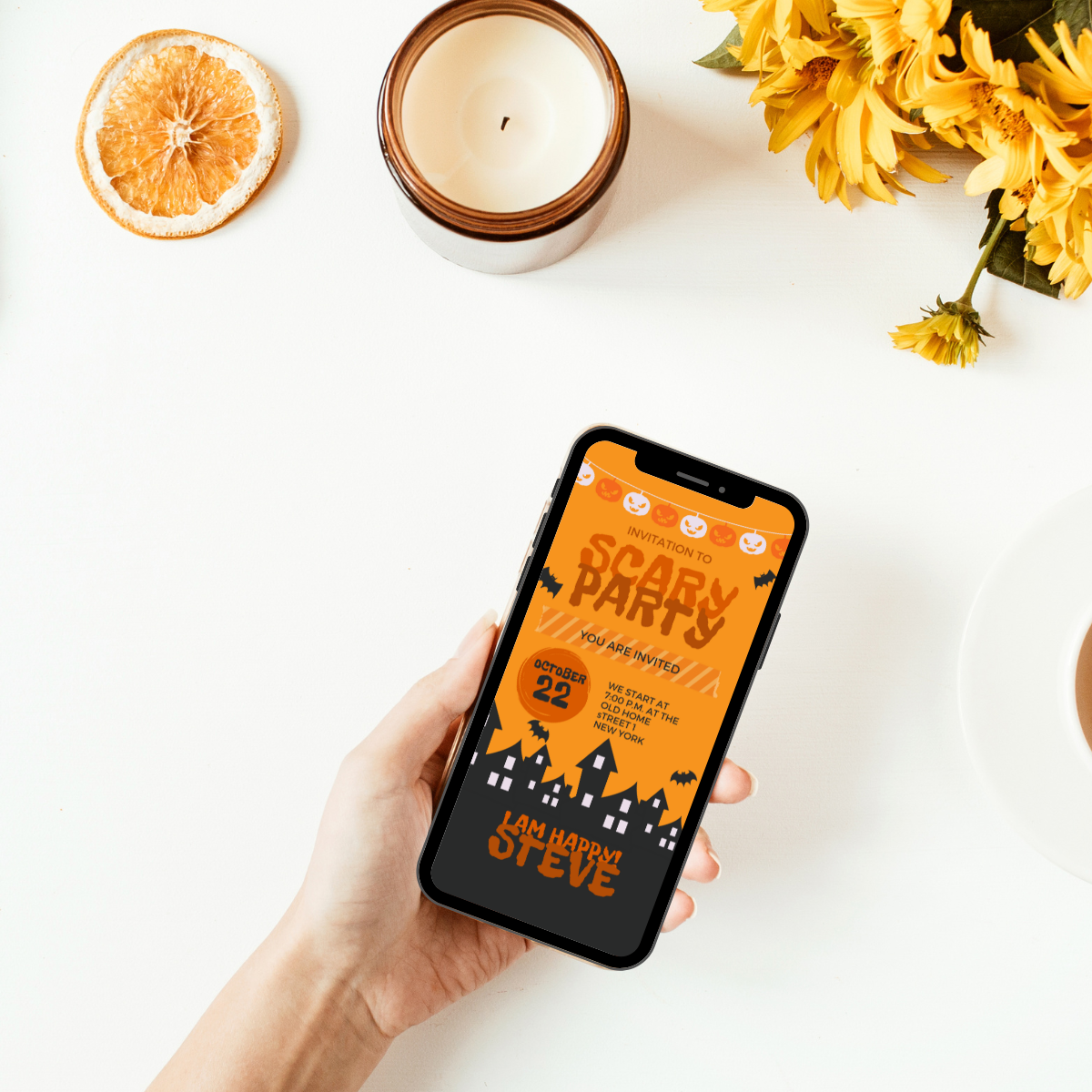Halloween party invitation card in orange and black with bats, a garland of small pumpkins and a great scary font. Digital eCard Template and Artwork