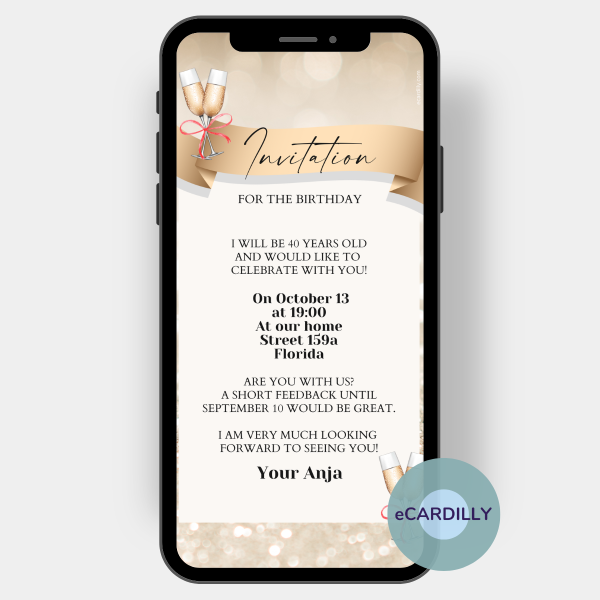 Digital birthday invitation card with two glasses and a red bow. The colors are gold and glitter.