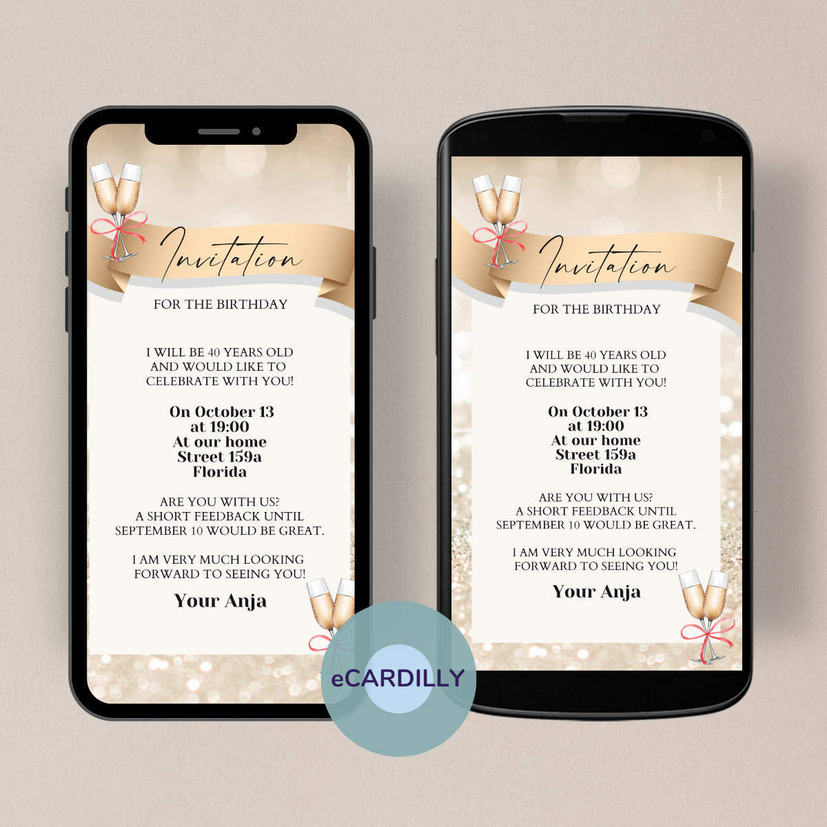 Gold glitter digital birthday invitation card with a red bow and two glasses