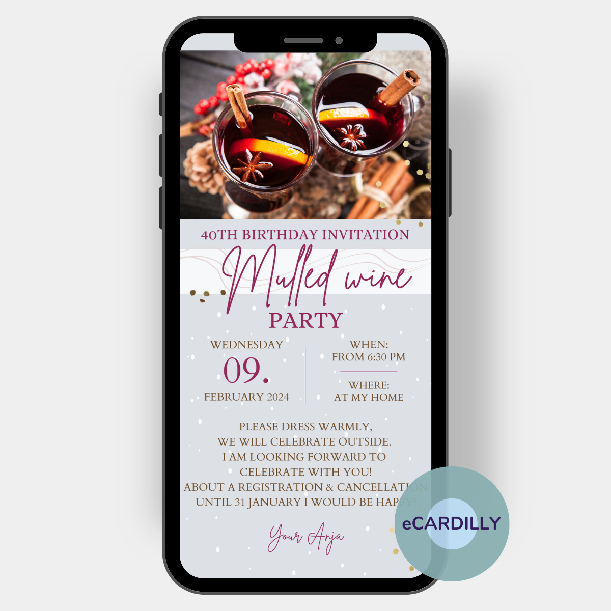 Mulled wine outdoor winter party ecard paperless invitation whatsapp template