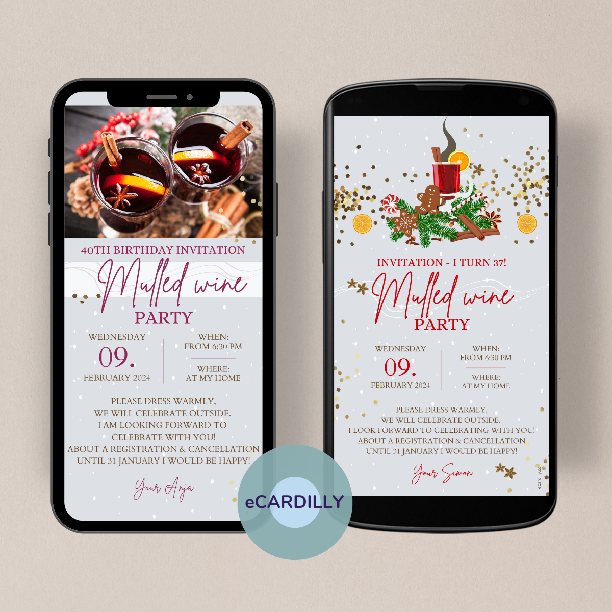 Mulled wine cups and cozy winter cheer fit right in on these paperless invitation cards for your winter party.