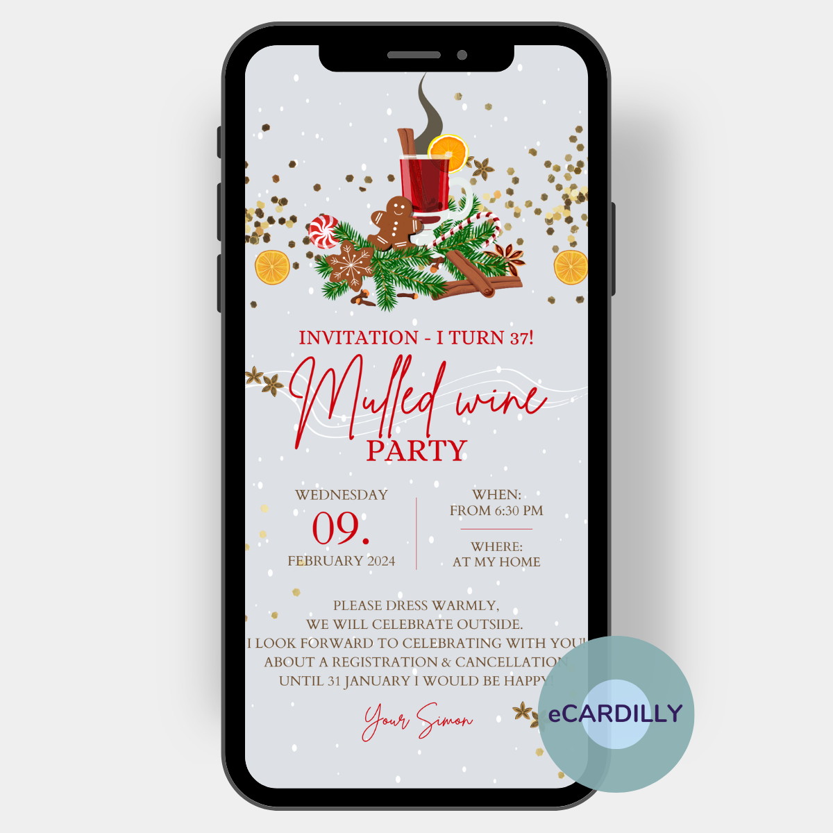 Great paperless invitation card with an invitation to mulled wine party or winter outdoor party