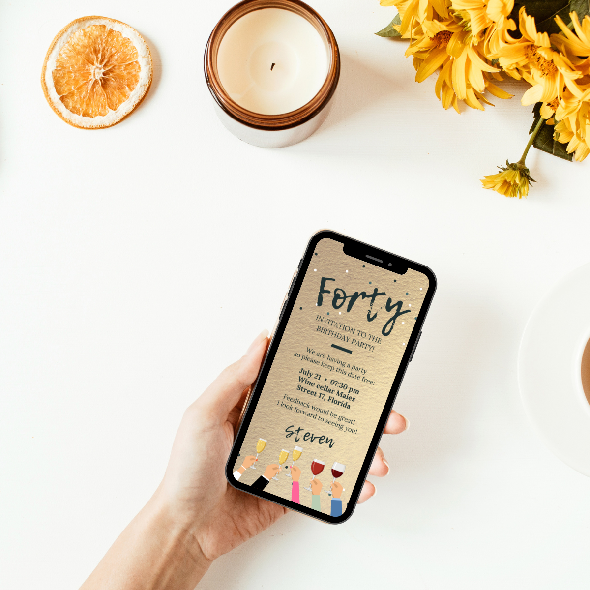 digital invitation card - gold - wine glasses - simple and easy