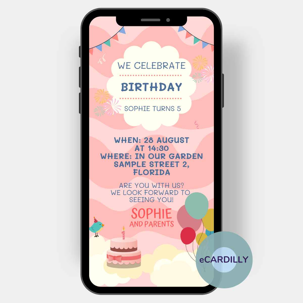 Lots of pastel colors - and even more pink are the colors on this invitation card for a child's birthday. A cake, a birthday garland and a bunch of colorful balloons frame the personalized invitation text on this digital eCard. One invitation card is enough for all guests, send via cell phone