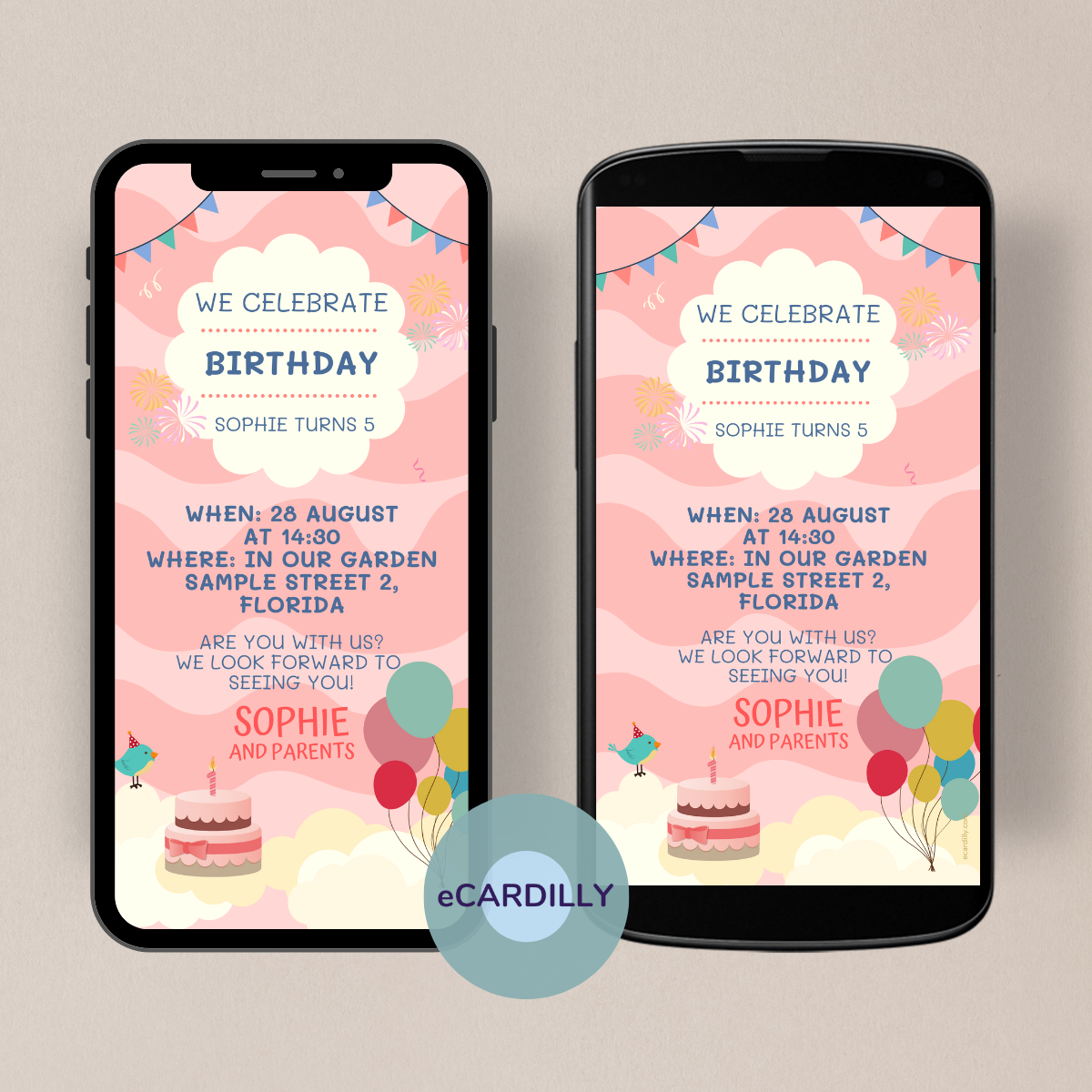 Invitation card for children's birthday. Pink over pink and pastel. Balloons and garlands decorate the card. A cake with a bow. Clouds floating. Garlands. Girl's dream