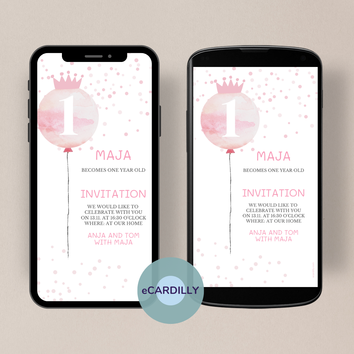 Child birthday invitation card. First birthday. eCard. Pink balloon with confetti and crown. Children birthday girl. First birthday invitation.