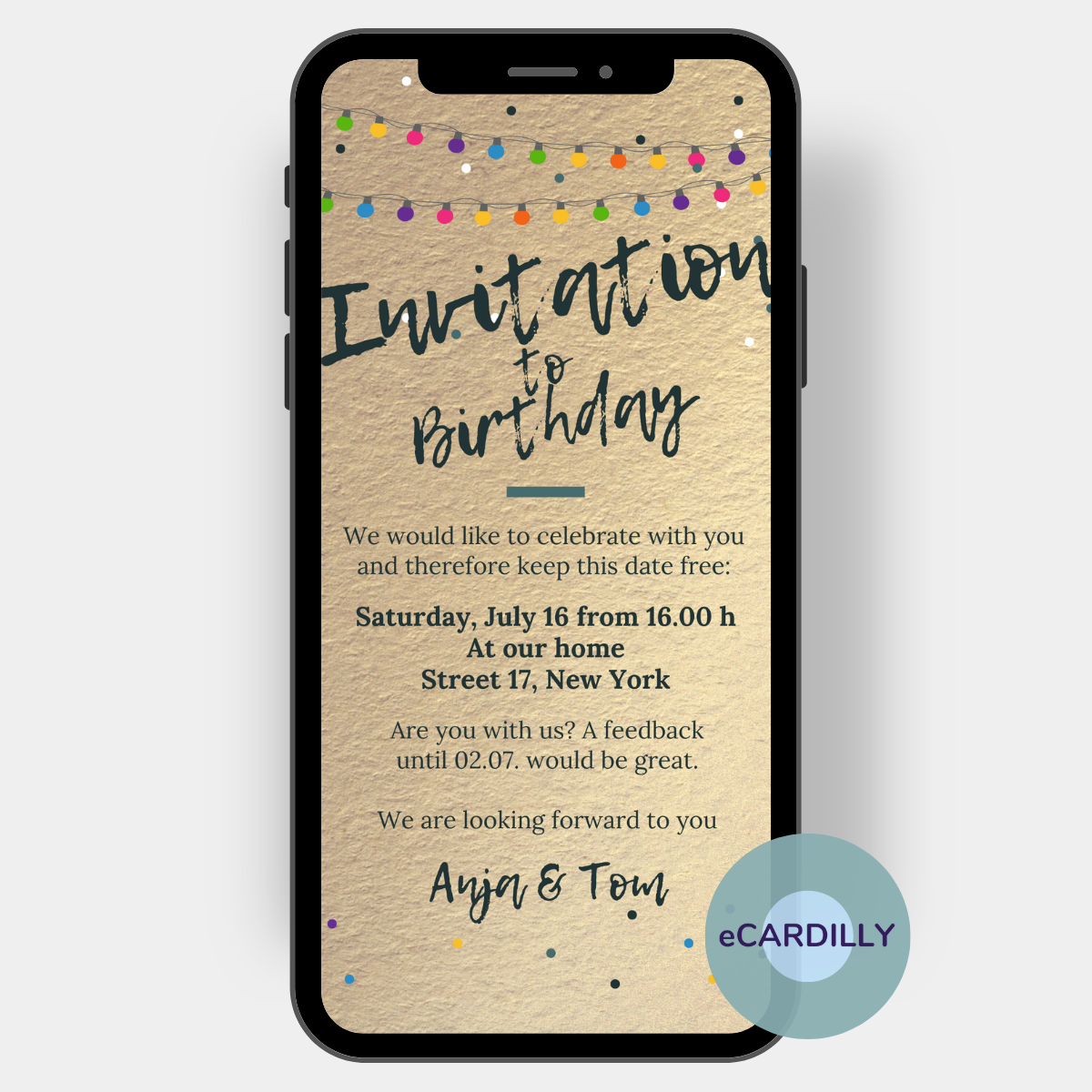 Invitation card for summer party barbecue in gold and colorful lanterns or garland.