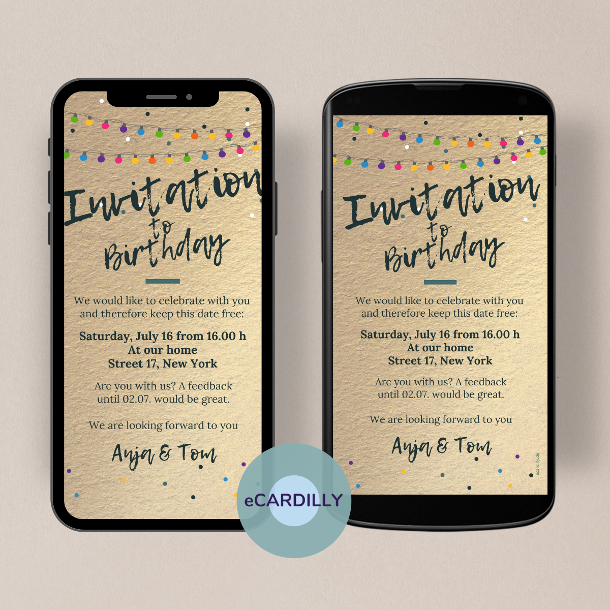 Birthday or summer party invitation with colorful lanterns on golden background.