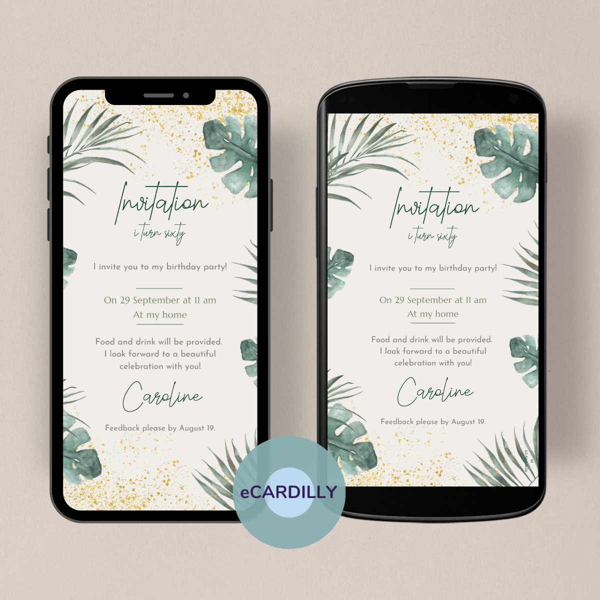 Beautiful invitation card decorated with floral pattern in green and mint color and golden glitter.