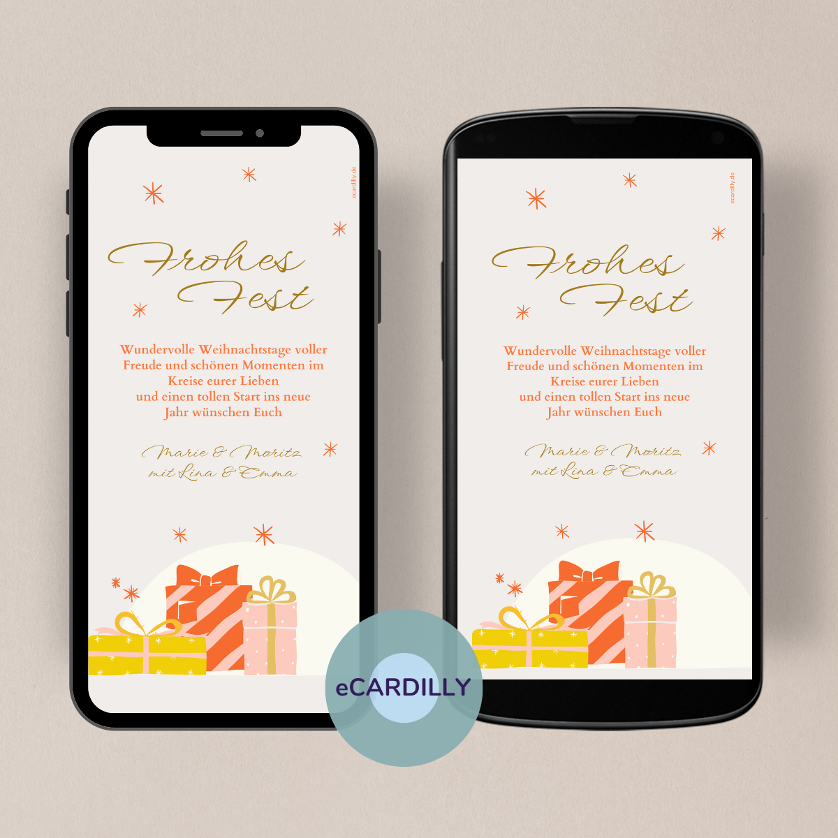 Digitale Einladungskarte mit Geschenken und Sternen. Rot gold und gelbe farben.