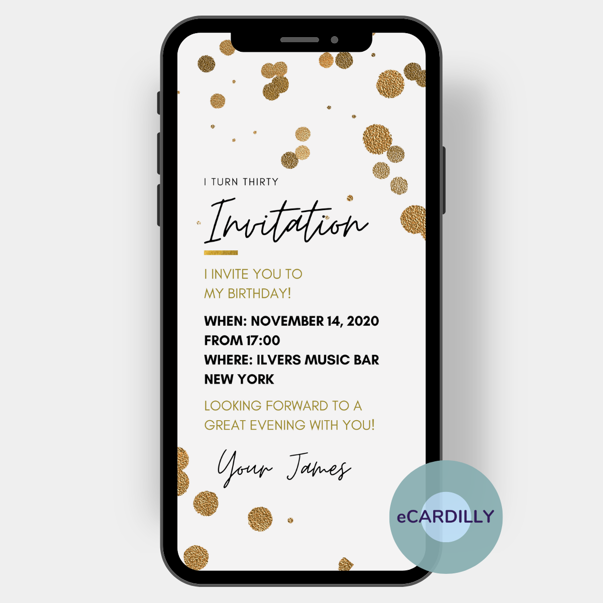 I'm turning thirty is written among the golden confetti dots on this birthday party invitation. Send all info about the party to all guests with an eCard with your cell phone