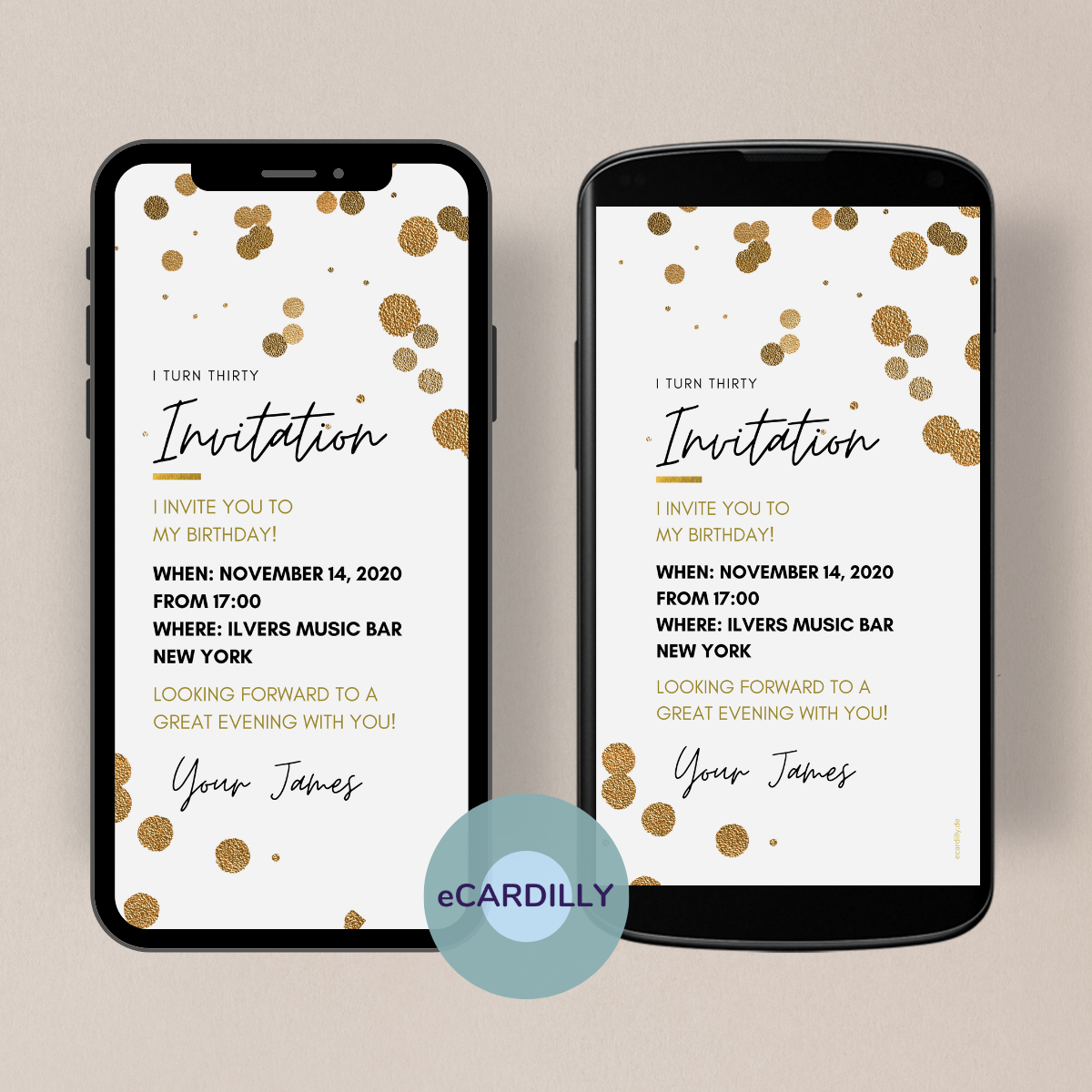 digital invitation for birthday. Golden confetti. sent quickly and easily.