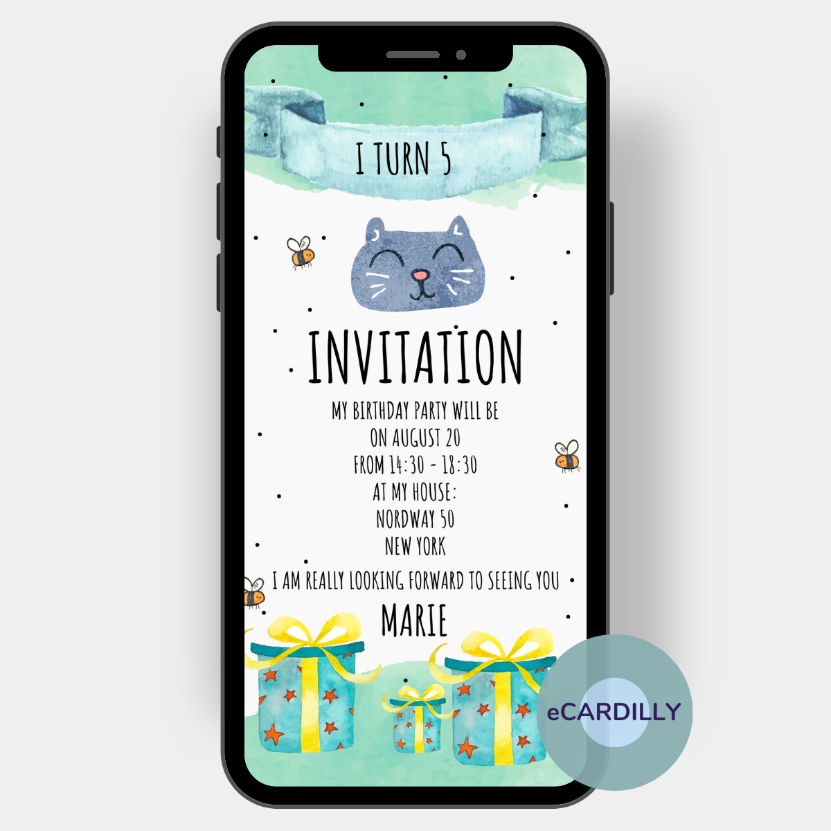 Invitation card with a cat with a little bee buzzing around his nose. Gifts - which of course also belong to a child's birthday - are also depicted on the card. Color: mint green - watercolor