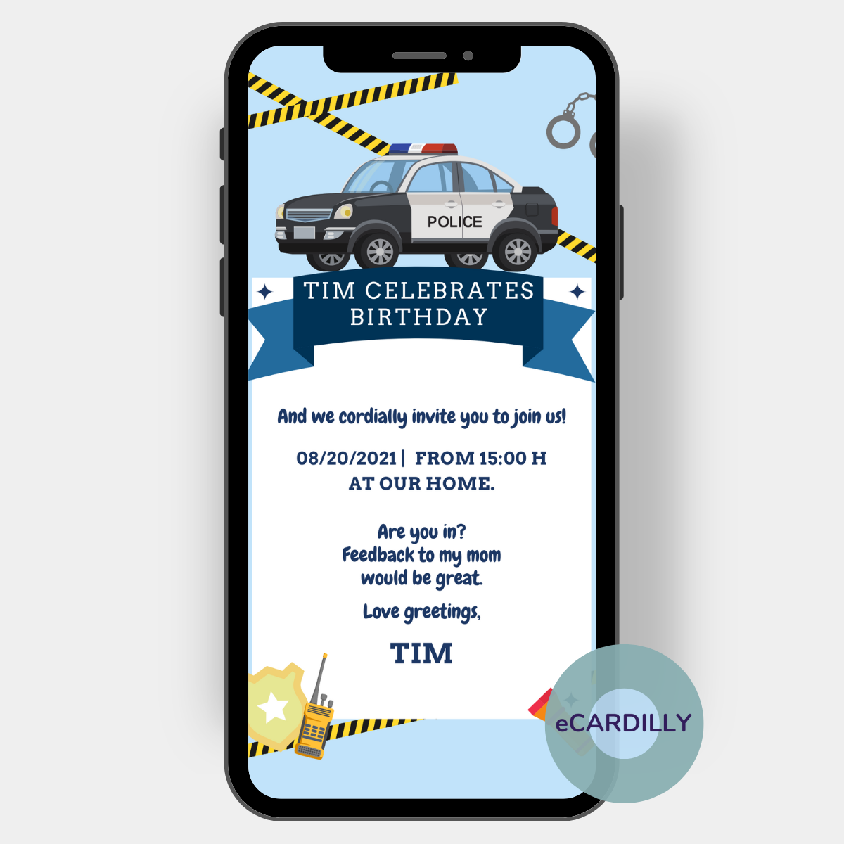 Children's birthday invitation for real police fans: With a police car, radio, handcuffs and barrier tape as motifs on blue and white invitation card. Dispatch digitally via cell phone, paperless.