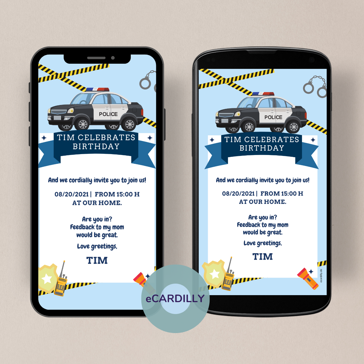 digital invitation for children birthday - police car - flashlight - handcuffs