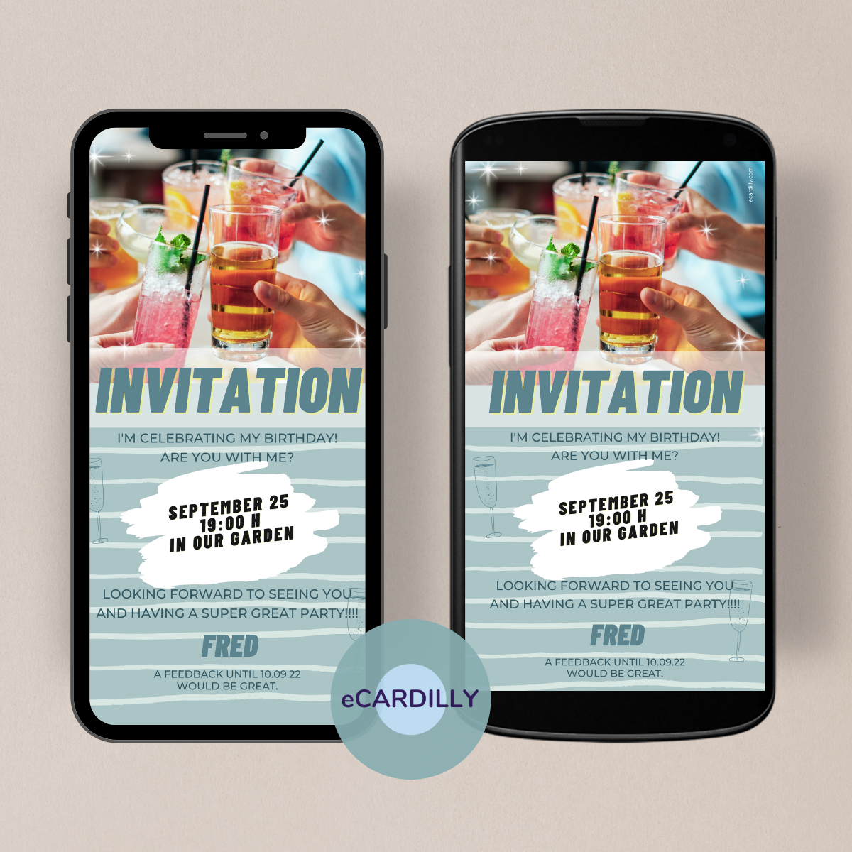 digital invitation card for birthday - cocktails - party - celebration with me - WhatsApp - sustainable