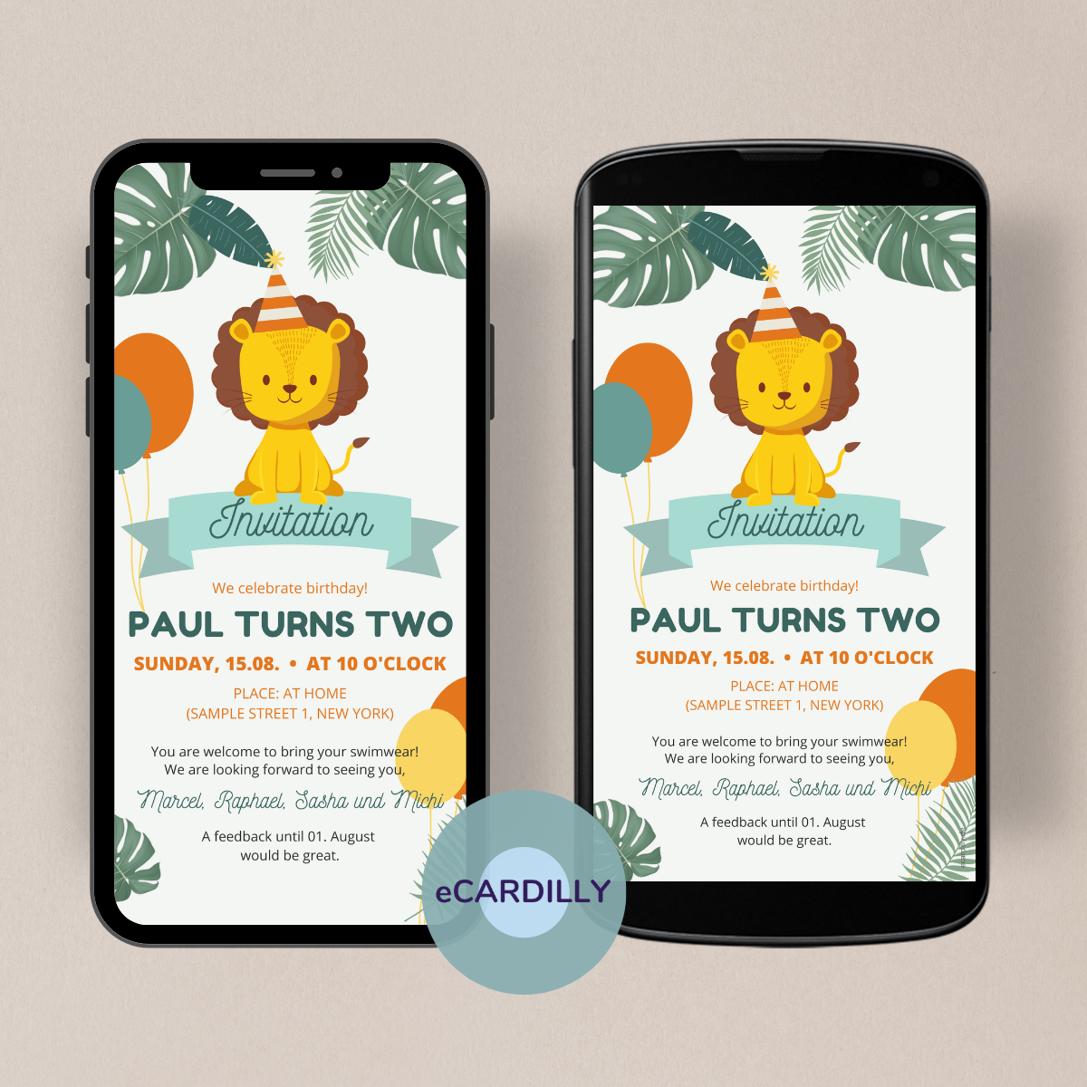 paperless birthday invitation. Children's birthday. Lion party. Kids.