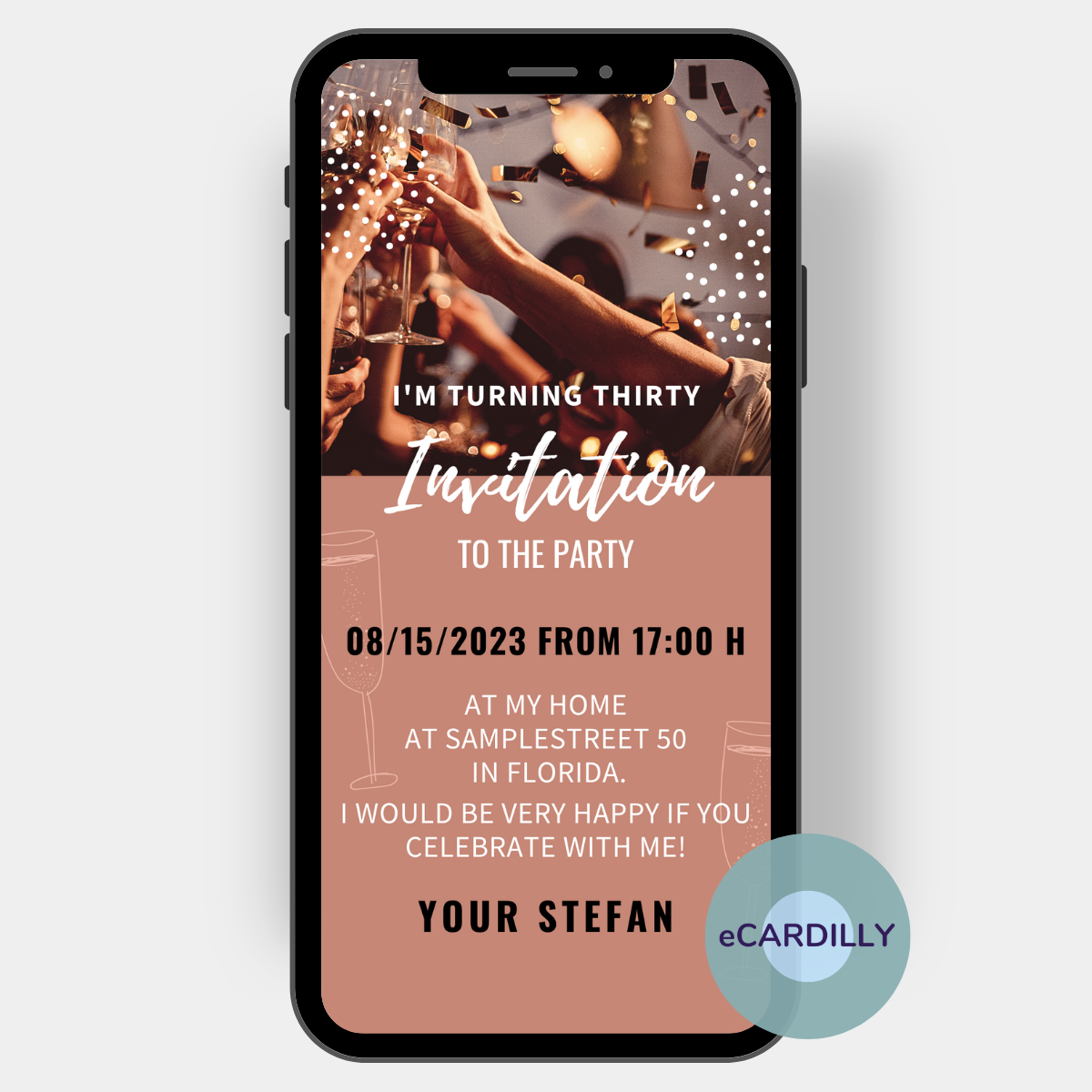 Invitation card digital brown with glasses. Great card to invite all guests.