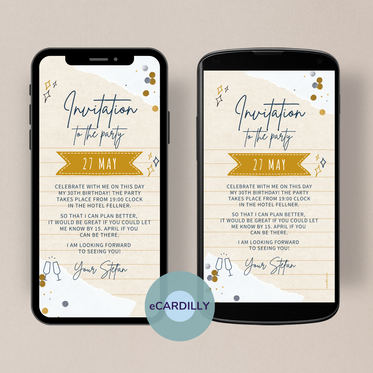 Great digital invitation card that you can send as a whatsapp template. In bronze, brown gold silver