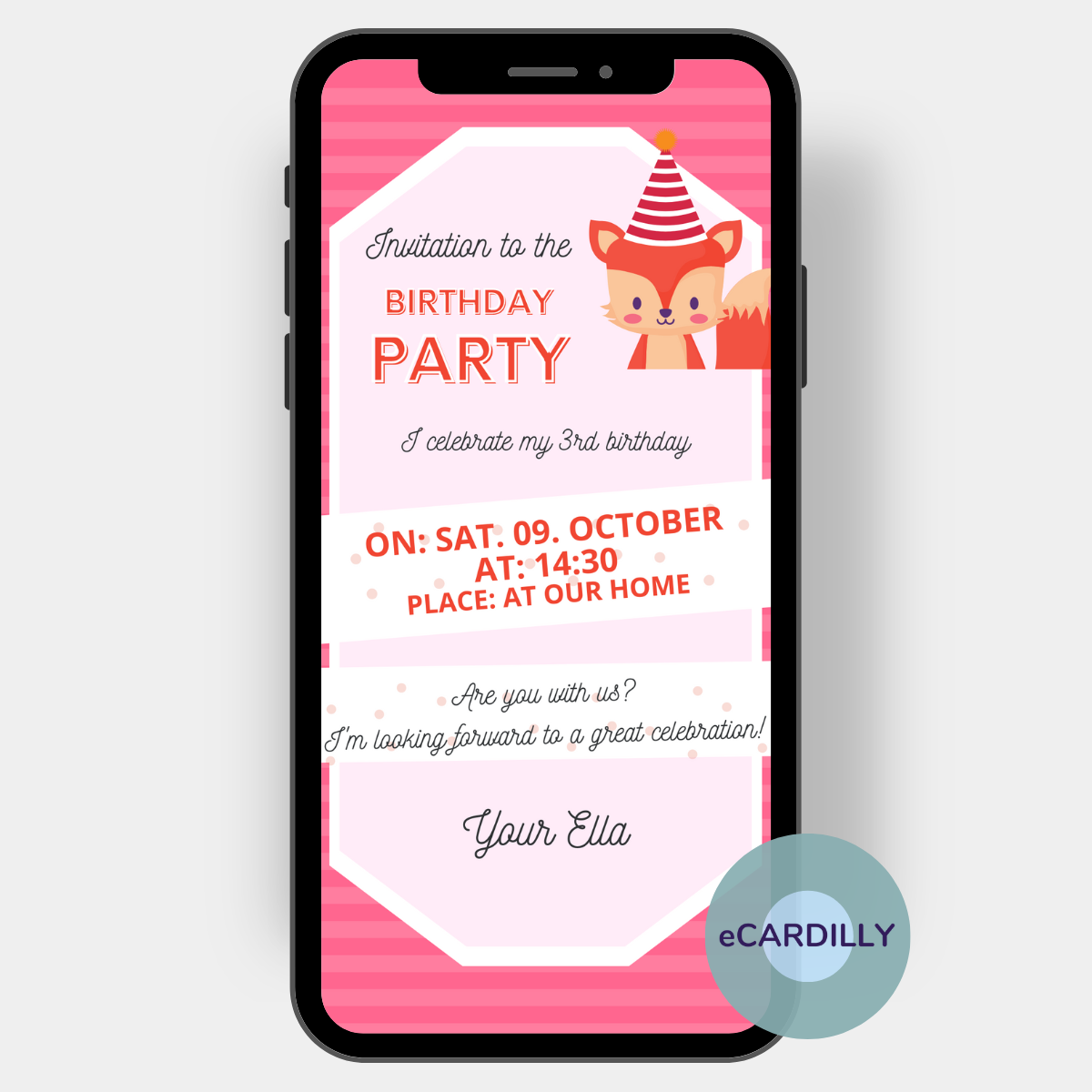 Invitation in pink for a child's birthday party. Stripes in the background are color matched to a small squirrel. So you can invite digitally and paperless.