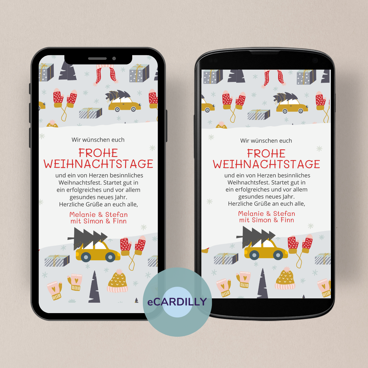 Tolle Vorlage whatsapp die du als Grußkarte oder Weihnachtskarte einfach als eCard versenden kannst. Kleine Autos, Geschenke, Handschuhe und ein Tannenbaum sind herzliche weihnachtliche Motive auf dieser Weihnachtskarte fürs Handy.