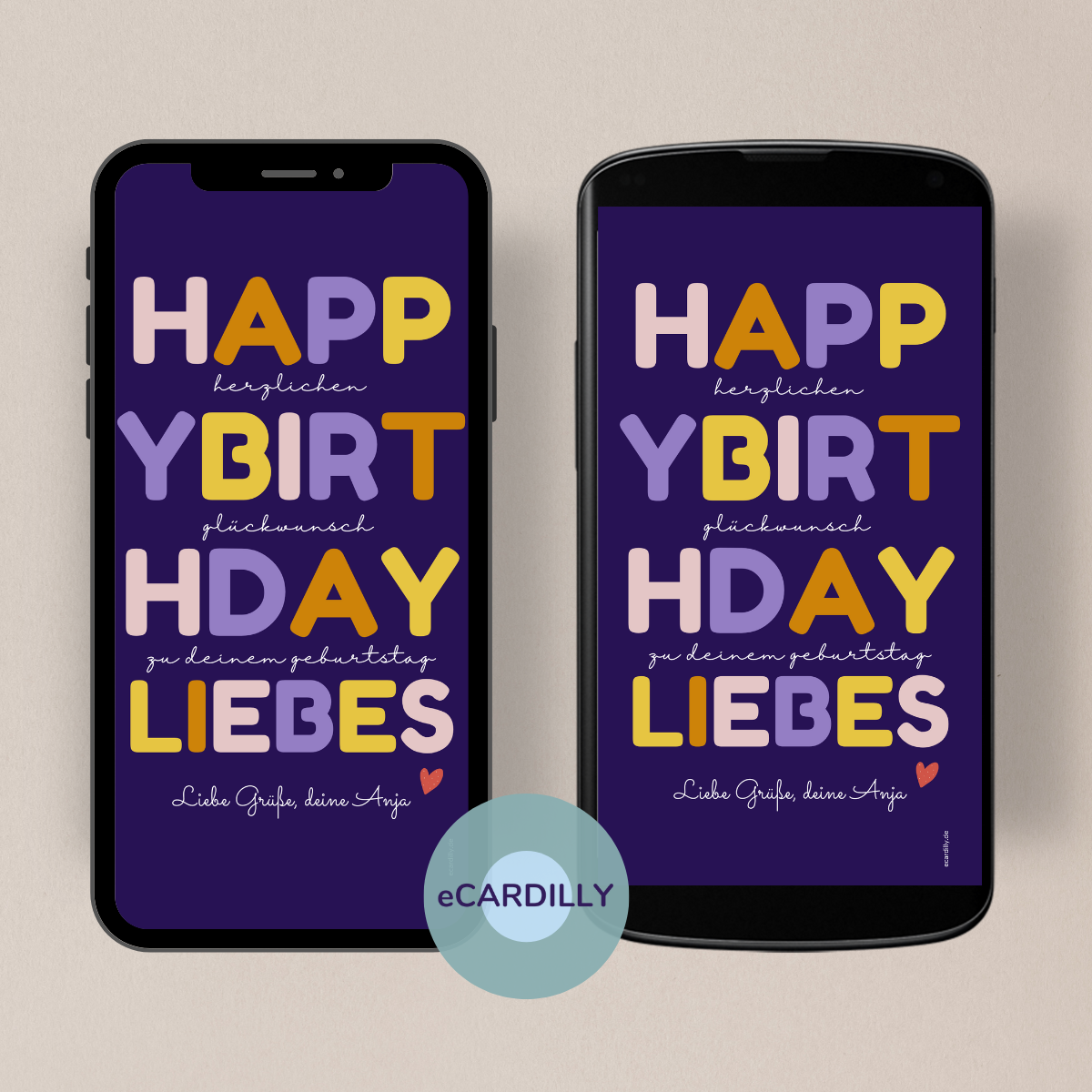 Happy Birthday versenden als ecard und mit dieser tollen Grußkarte in lila mit bunter Schrift einen Lieblingsmenschen überraschen.