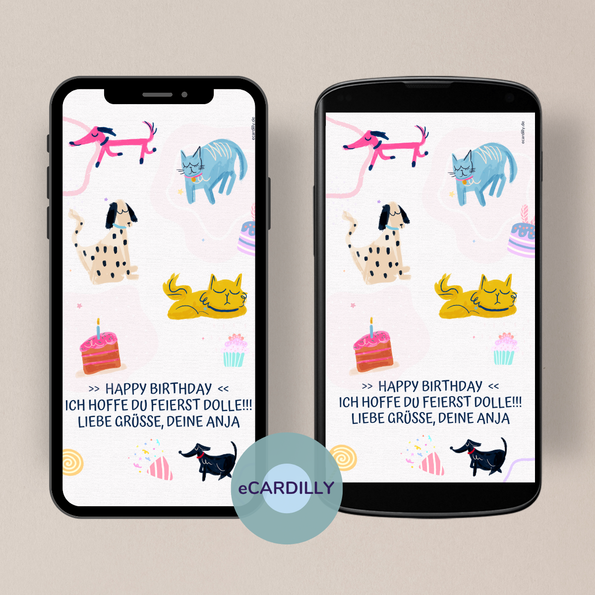 Kleine Hunde und Katzen grüßen von dieser tollen eCard die du selbst beschriften kannst. Papierlose digitale eCard in zarten Farben wie gelb, hellblau rosa.