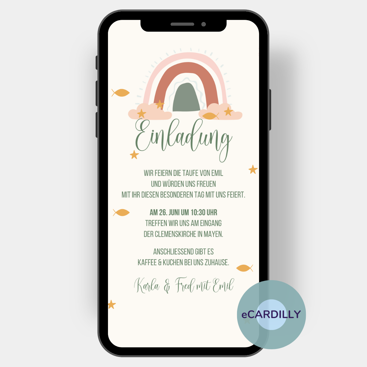 Einladung zur Kommunion Konfirmation oder Firmung mit einem liebevollen Regenbogen. Diese digitale Einladungskarte gibt es in den Farben grün, beige und gelb. Versende ganz einfach eine Einladungskarte mit deinem Handy über whatsapp.
