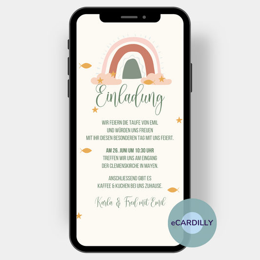 Einladung zur Kommunion Konfirmation oder Firmung mit einem liebevollen Regenbogen. Diese digitale Einladungskarte gibt es in den Farben grün, beige und gelb. Versende ganz einfach eine Einladungskarte mit deinem Handy über whatsapp.