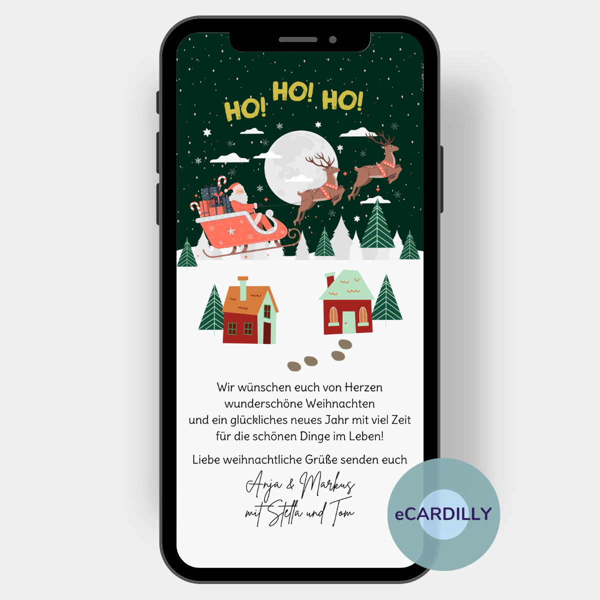 Weihnachtsmann, Santa, Rentier, Schnee und verschneite Häuser grüßen von dieser digitalen Weihnachtskarte die du als Vorlage oder ecard versenden kannst.