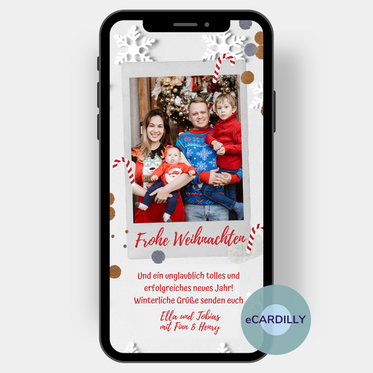 Rot-weiß-gestreifte Zuckerstangen, Schneeflocken und etwas glitzer-Konfetti wirbeln auf dieser eCard rund um das Familienfoto von euch. Auf der eCard stehen Grüße zum Weihnachtsfest und für das neue Jahr! Frohe Weihnachten!
