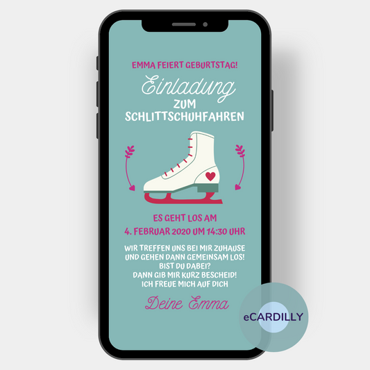 Einladung zum Schlittschuhfahrne mit einem weißen Schlittschuh auf türkisfarbenem Hintergrund