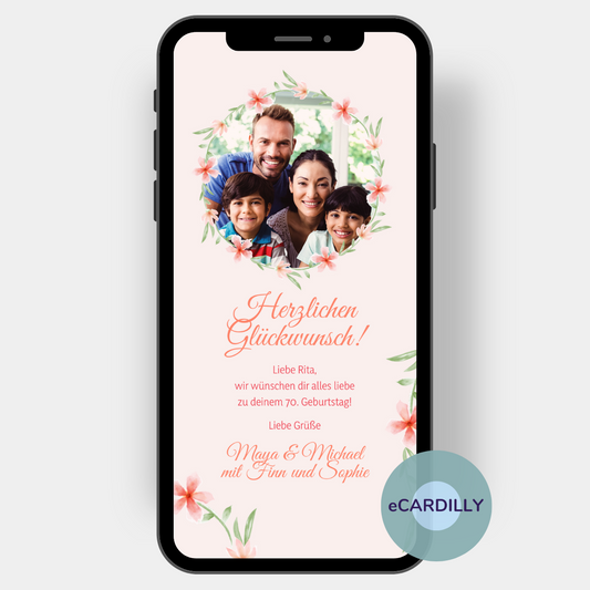 Tolle Glückwunschkarte zum Geburtstag mit Foto und persönlichem Text. Die Karte ist rosa und hat Blumenranken um das Foto.