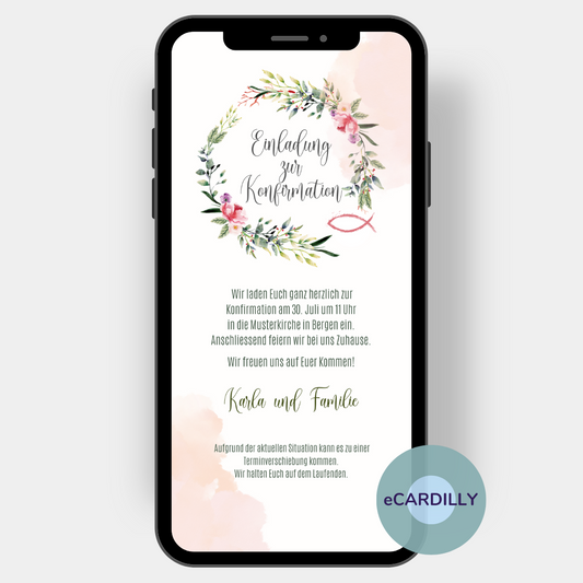 Einladungskarte zur Konfirmation in rose rosa weiss und einem tollen Blütenkranz mit kirchlichem Fischsymbol
