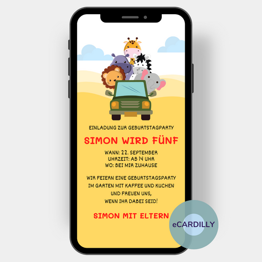Ein Elefant, ein Löwe, ein Nilpferd, ein Zebra und eine Giraffe sitzen zusammen in einem Jeep: Sie sind das Motiv dieser Einladungskarte für einen Kindergeburtstag.