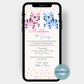 Ein rosa und ein hellblauer Tiger und viel buntes Konfetti stehen über dem Schriftzug "Mächen oder Jung" auf dieser Eilandungskarte, mit der Du alle Gäste zu einer digitalen gender Reveal Party einladen kannst