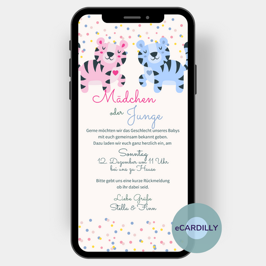Ein rosa und ein hellblauer Tiger und viel buntes Konfetti stehen über dem Schriftzug "Mächen oder Jung" auf dieser Eilandungskarte, mit der Du alle Gäste zu einer digitalen gender Reveal Party einladen kannst