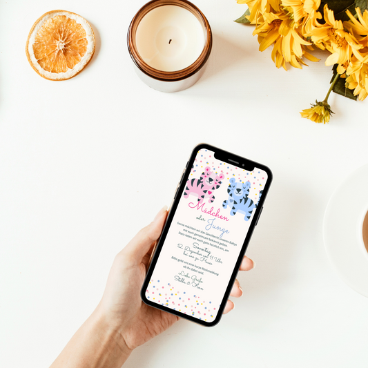 digitale Einladung zur Bekanntmachung - Junge oder Mädchen - Team Blau oder Team Rosa - eCard - per WhatsApp verschicken