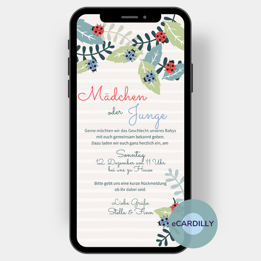 Rote und Blaue Marienkäfer krabbeln auf grünen Blättern, darunter steht: Mädchen oder Junge. Mit dieser eCard lädst Du Deine Gäste zu einer digitalen Gender Reveal Party ein