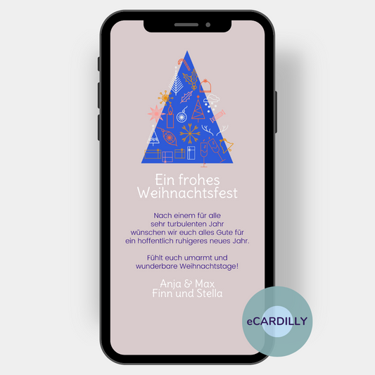 Zentrales Design-Element dieser modernen, persönlichen Weihnachtsgrußkarte ist ein blauer Tannenbaum. Darunter stehen die Weihnachtsgrüße von einer einzelnen Person, von einer Familie oder eines Unternehmens.