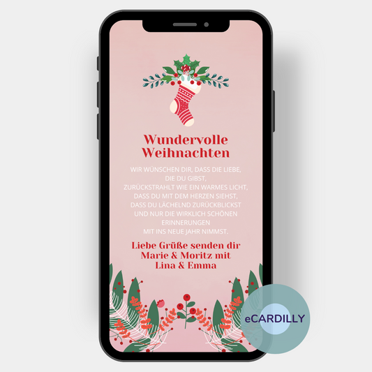 Ein großer rot-weiß gemusterter Weihnachtsstrumpf hängt an einem Mistelzwei über Deinen Weihnachts- und Neujahrsgrüßen auf dieser eCard. Alle Namen Deiner Familie stehen ganz persönlich auf dieser Weihnachtsgrußkarte